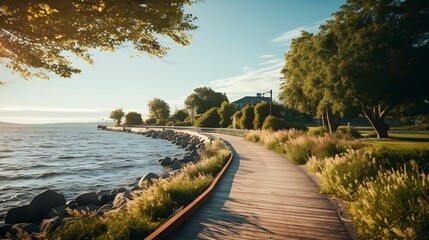 Sunny day waterfront boardwalk with sunlit path