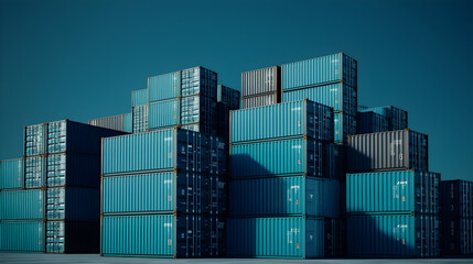 Stack of Cargo Freight Shipping Containers on blue background. Freight transportation, import export logistics Industry concept