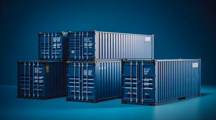 Obraz premium Stack of Cargo Freight Shipping Containers on blue background. Freight transportation, import export logistics Industry concept