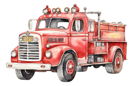 Watercolor fire truck isolated.