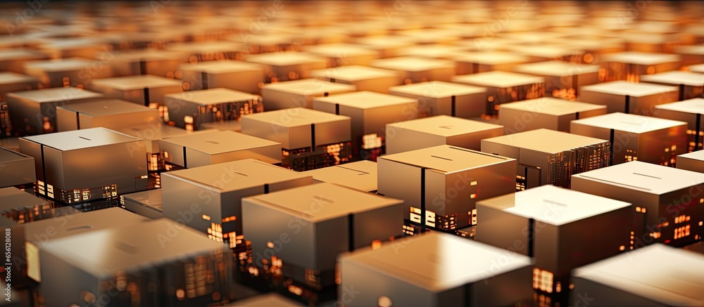 Poster illustration of interconnected cardboard boxes with microchip in 3d