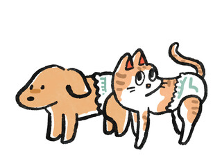 おむつを付けた犬と猫の水彩手描き風イラスト
