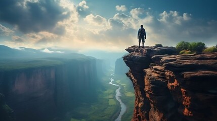 Explorer stands on towering cliff, gazing at distant horizon
