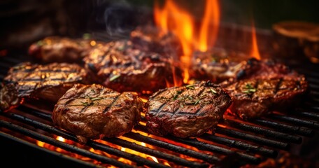 Grilled meats sizzling on a BBQ, with flames and smoky aroma
