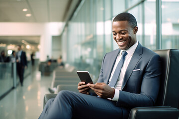 Fototapeta na wymiar Smiling Businessman in Airport Terminal Melding Business and Travel, Staying Connected with Digital Tablet