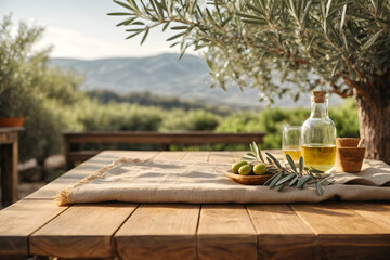 Natural wooden table and organic cloth with olive tree plant and blurred background. - obrazy, fototapety, plakaty