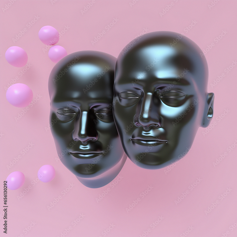 Poster surreal 3d illustration of two сonjoined faces on a pink background. concept of psychological codepe