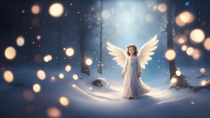 An enchanting scene starring a lovely angel in a snowy winter landscape Christmas card - obrazy, fototapety, plakaty