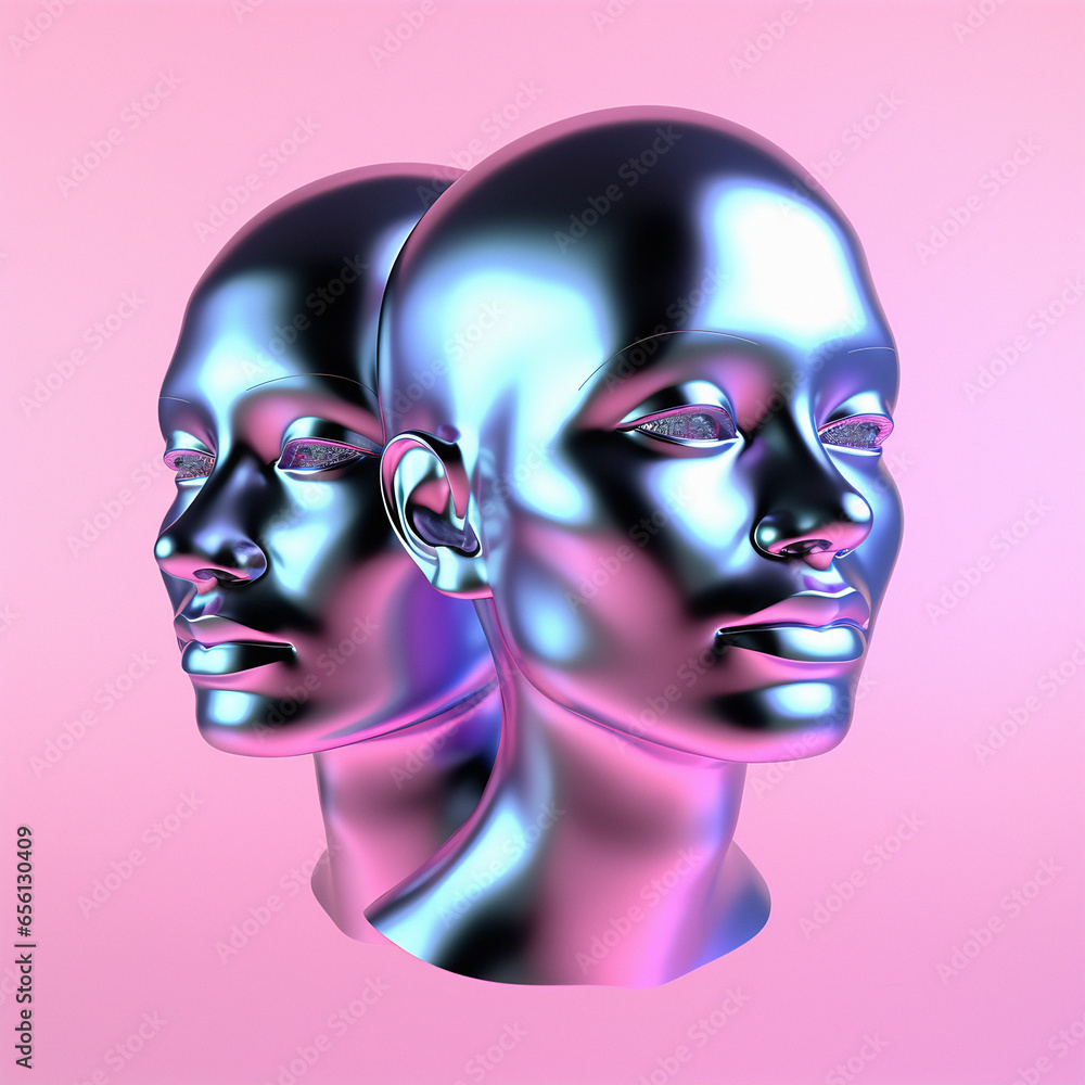 Poster surreal 3d illustration of two сonjoined faces on a pink background. concept of psychological codepe
