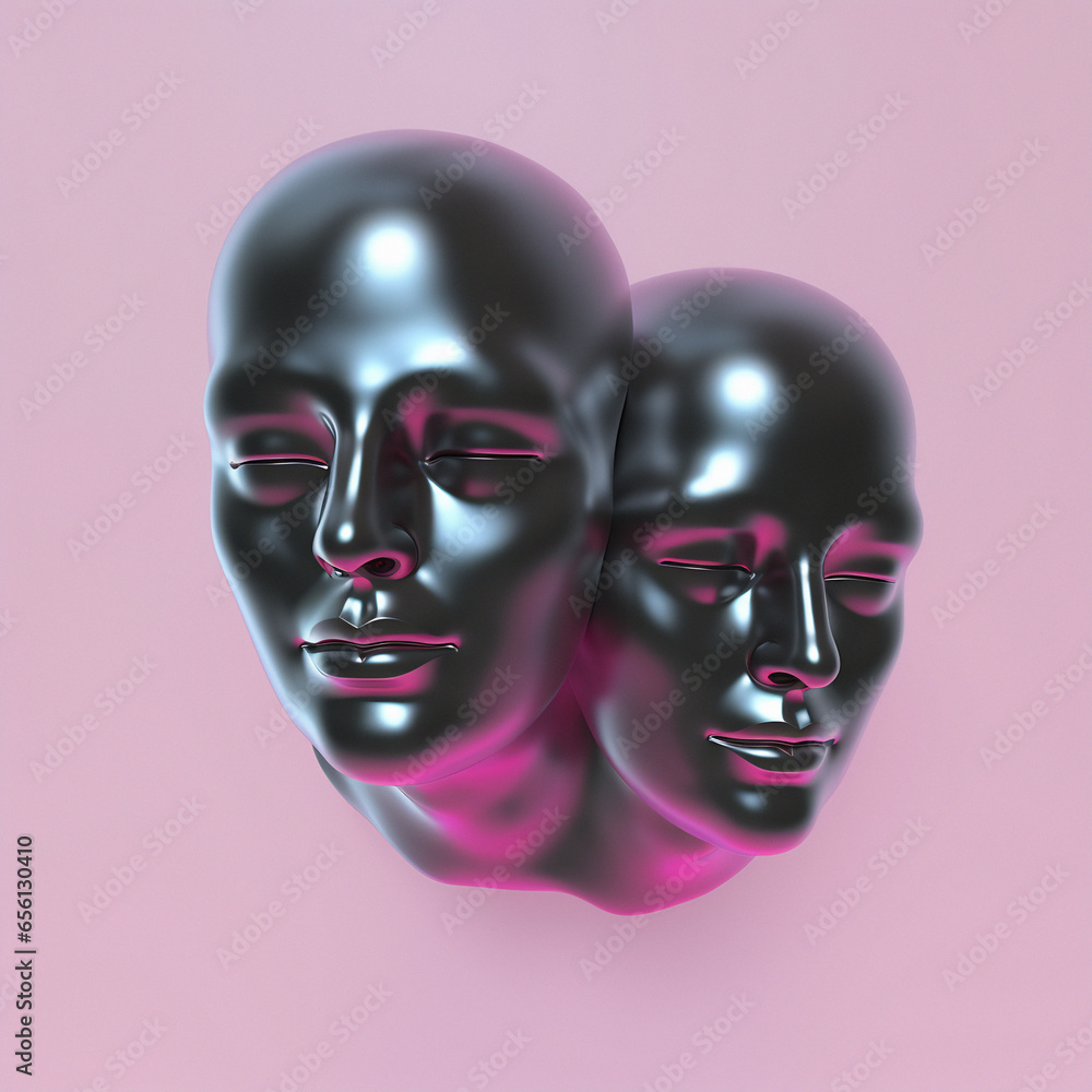 Poster surreal 3d illustration of two сonjoined faces on a pink background. concept of psychological codepe