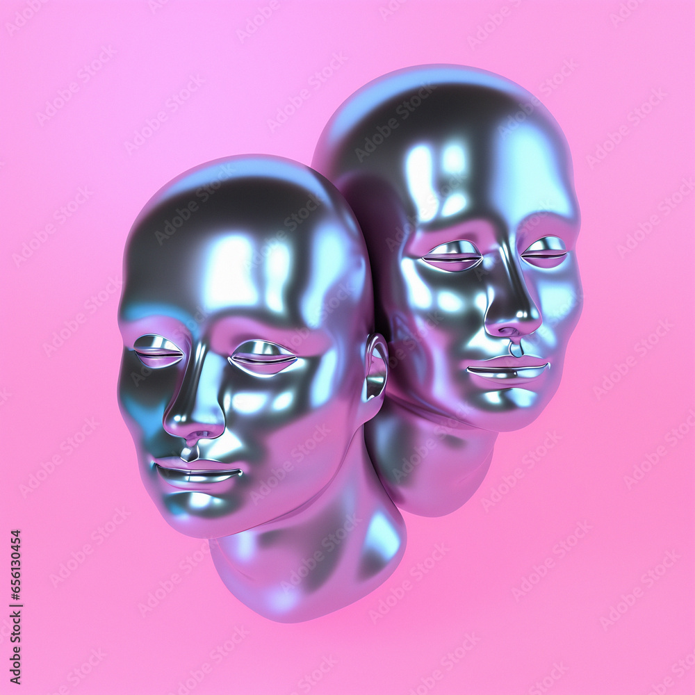 Poster surreal 3d illustration of two сonjoined faces on a pink background. concept of psychological codepe