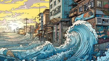 Rising sea levels and coastal erosion. Fantasy concept , Illustration painting.