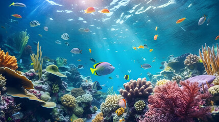 Underwater view of coral reef with tropical fishes and corals. Tropical coral reef fauna, nature concepts