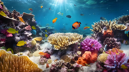 Underwater view of coral reef with tropical fishes and corals. Tropical coral reef fauna, nature...