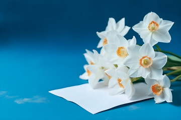 White narcissus flowers in a vase with card on blue background, product presentation, product display, banner background