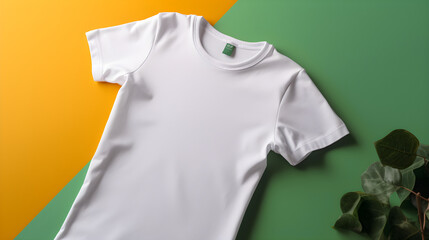 White t-shirt mockup on green background with copyspace, Flat lay, top view, for print, product presentation, product display