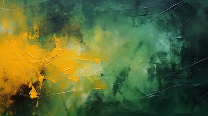 Modern artwork, abstract paint strokes, oil painting on canvas. Dark artistic brush daubs and smears. Grungy background, hand painted brown, green, yellow and dark blue colored pattern - obrazy, fototapety, plakaty