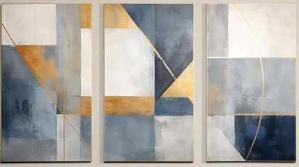 Modern geometric abstract art, modern painting, grey, blue, gold, wall art, modern print background abstract set