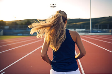 Rear view of 18 year old girl running on athletics track, wearing t-shirt and shorts, competition, hard effort, exhaustion, finish line, race. - obrazy, fototapety, plakaty
