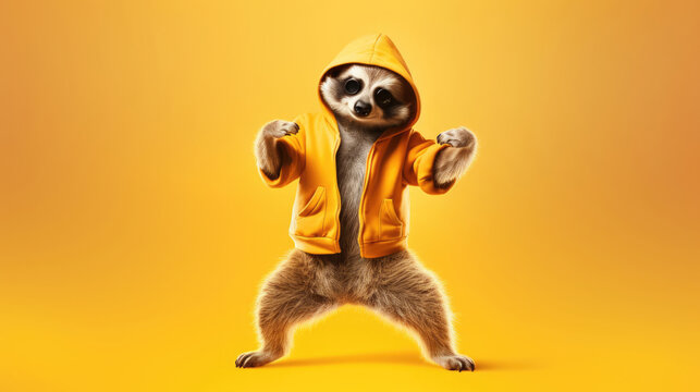 A meerkat breakdancing like a hip-hop legend,  wide banner for captions. Wide banner with copy space on the side