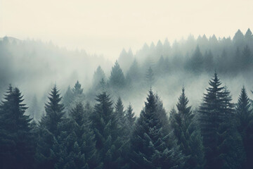 Beautiful Misty landscape with fir forest in hipster vintage retro style, natural background and Fog clouds at the pine tree mystical woods landscape. - obrazy, fototapety, plakaty