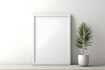 a white empty modern style frame next to a potted plant on a table