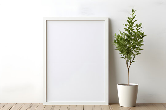 Mock up picture frame poster with houseplant on old wooden table in room