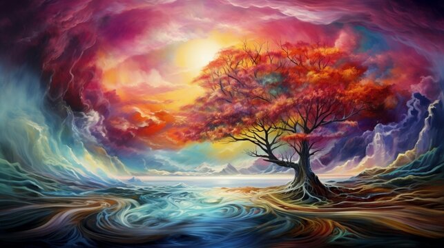 Rainbow Enlightenment. Escape to Reality series. Abstract arrangement of surreal sunset sunrise colors and textures on the subject of landscape painting, imagination, creativity and art