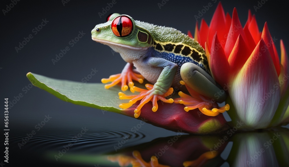 Wall mural Red eye frog perched on the bud of a lotus flower