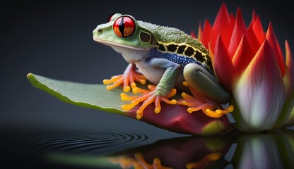 Red eye frog perched on the bud of a lotus flower - obrazy, fototapety, plakaty