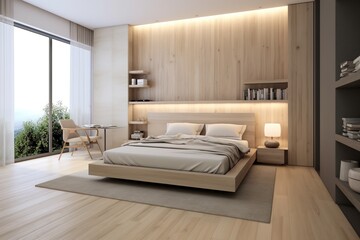 Modern and simple minimalist bedroom interior.