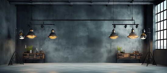 A vacant studio with lighting gear illustrated in 3D