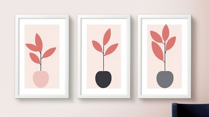 Set of 3 creative minimalist hand painted illustrations for wall decoration, postcard or brochure design