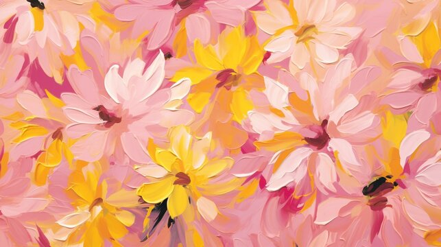 Seamless pattern of abstract painting pink and yellow flowers, original hand drawn, impressionism style, color texture, brush strokes of paint, art background. Modern art. Contemporary art