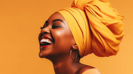Fototapeta na wymiar Happy african woman wearing turban isolated on pastel studio background