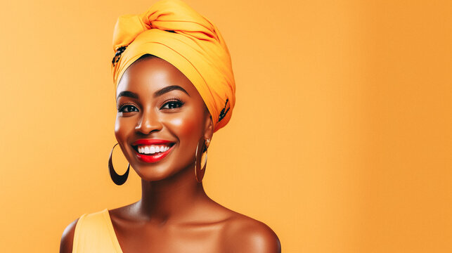 Happy african woman wearing turban isolated on pastel studio background