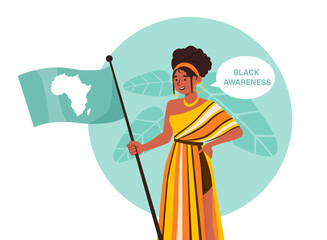 Black awareness concept. Woman in traditional african clothes with flag. Tolerance and unity, respect and democracy. Traditional holiday and festival. Cartoon flat vector illustration