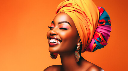Happy african woman wearing turban isolated on vibrant colors studio background - obrazy, fototapety, plakaty