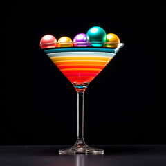 colorful cocktail with a rainbow of balls in it's glass on a black background  - obrazy, fototapety, plakaty
