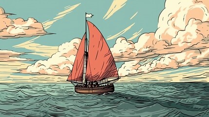 Sailing on a sailboat. Fantasy concept , Illustration painting.