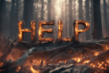 Warning message to protect the forest from fires with the word Help, environmental concept, generative ai