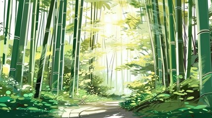 Serene bamboo groves. Fantasy concept , Illustration painting.