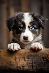 Puppy with blue eyes is leaning on a log and looking at the camera with a sad look on his face
