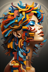 Woman's face with a lot of colorful shapes on it's face - obrazy, fototapety, plakaty