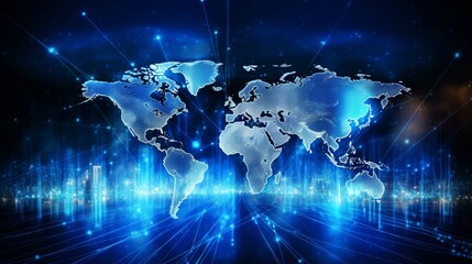 World map on a technological background, bright lines and rays, symbols of the Internet, radio, television, mobile and satellite communications. Best Internet Concept of global business