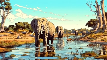 Serene elephants in their natural habitat. Fantasy concept , Illustration painting.