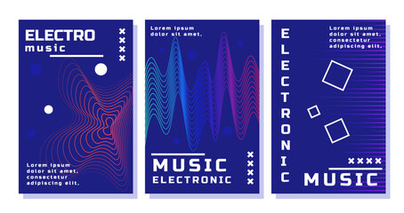 Electronic sounds posters set. Futuristic design for covers and banners. Abstrat creativity and art, digita technology. Curved neon waves. Cartoon flat vector collection isolated on white background