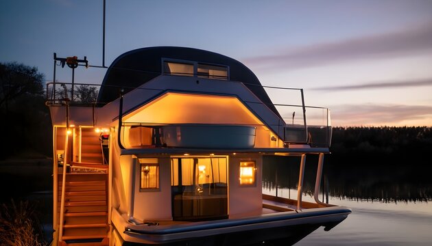 houseboat illuminated warm interior light against a twilight sky