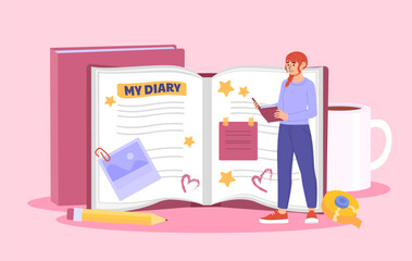 Girl witn her diary concept. Kids with textbook, notebook. History and thoughts. Planning and goal setting. Teenager near book with draws and pictures. Cartoon flat vector illustration