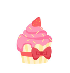 Happy valentine day cupcake concept. Bakery and homemade food. Cake with pink glaze and strawberry. Poster or banner. Cartoon flat vector illustration isolated on white background